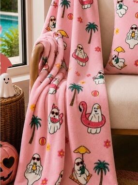Summerween Pink Ghosts Beach Vibes Palm Trees Plush Throw 50x60